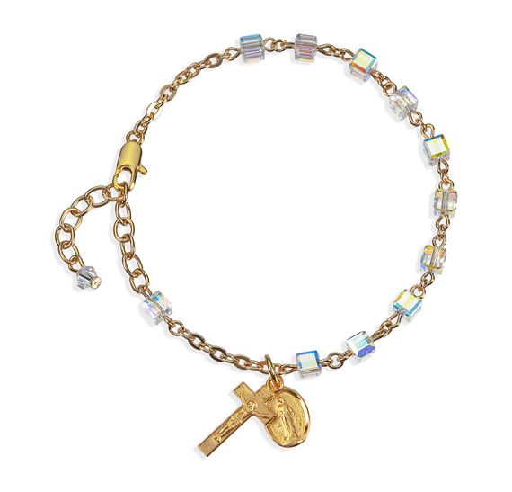 Gold Cube Crystal Rosary Bracelet - Miraculous Medal and Crucifix