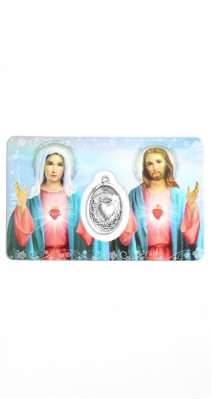 IMMACULATE HEART OF MARY & SACRED HEART OF JESUS HOLY CARD WITH MEDAL