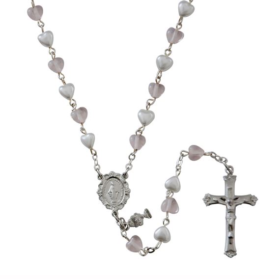 PEARL AND PINK HEART BEAD COMMUNION ROSARY