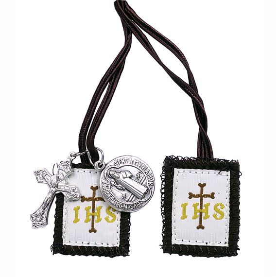 CHILDREN'S BROWN WOOL SCAPULAR WITH CRUCIFIX AND ST. BENEDICT MEDAL
