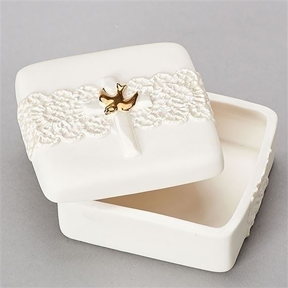 HOLY SPIRIT ROSARY BOX WITH LACE DETAIL