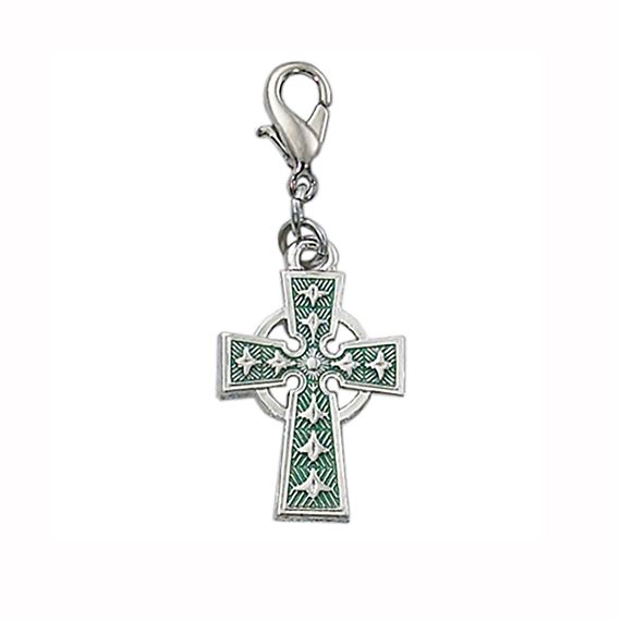 CLIP-ON CELTIC CROSS WITH GREEN ENAMEL