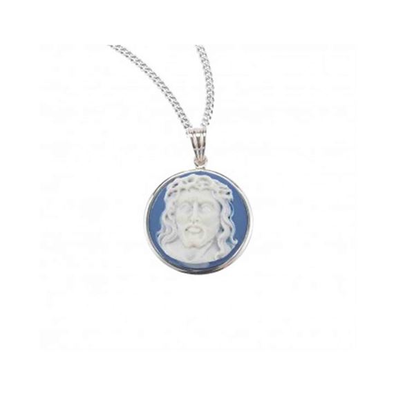 HEAD OF CHRIST LT. BLUE CAMEO IN SOLID STERLING SILVER FRAME ON 20" CHAIN