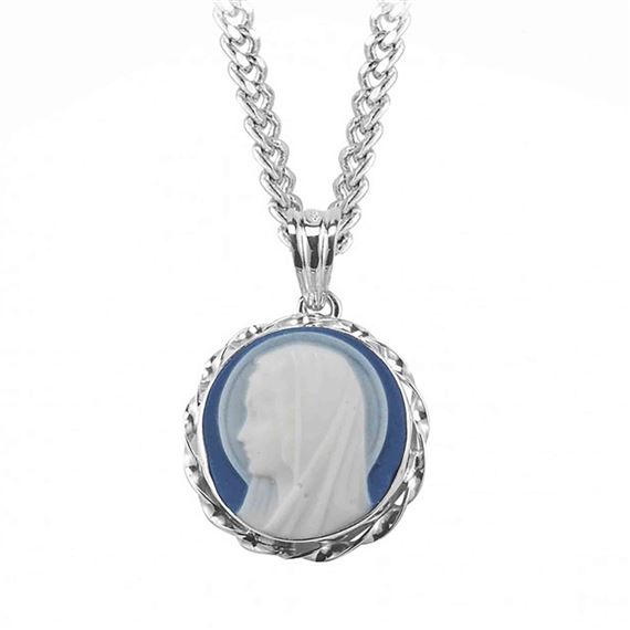 MADONNA BLUE CAMEO IN SOLID STERLING SILVER FRAME ON 18" CHAIN