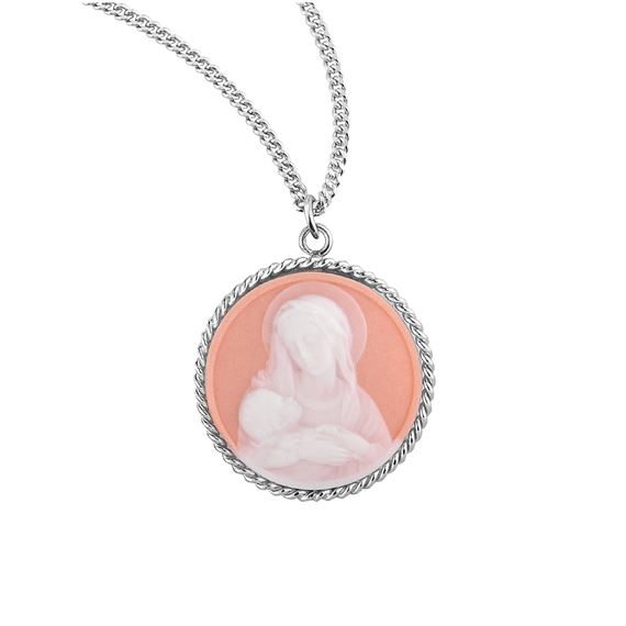 MADONNA AND CHILD ROSE CAMEO IN SOLID STERLING SILVER FRAME ON 20" CHAIN