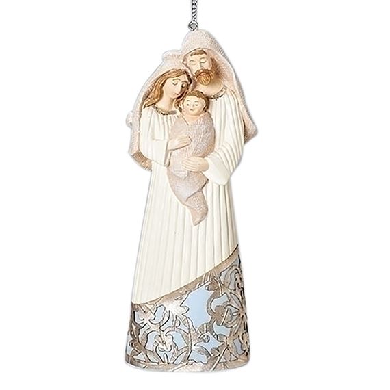 HOLY FAMILY LASER CUT SILVER AND BLUE ORNAMENT
