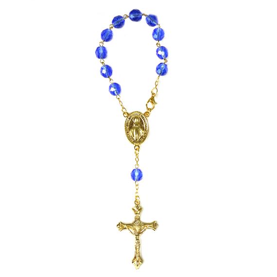 SINGLE DECADE AUTO ROSARY - GOLD WITH SAPPHIRE BLUE BEADS