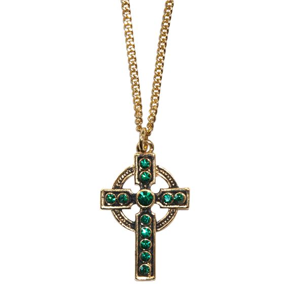 CELTIC CROSS NECKLACE WITH GREEN STONES