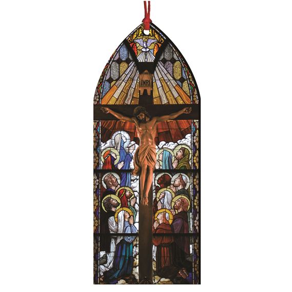 CRUCIFIX WITH SAINTS ADORING STAINED GLASS WOOD ORNAMENT