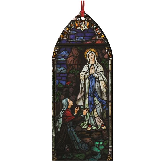 OUR LADY OF LOURDES AND SAINT BERNADETTE STAINED GLASS WOOD ORNAMENT