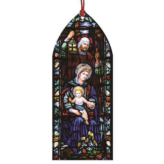 ST JOSEPH GUIDING JESUS AND MARY STAINED GLASS WOOD ORNAMENT