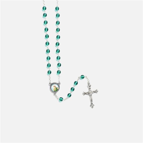 ST. JUDE GREEN GLASS BEAD ROSARY