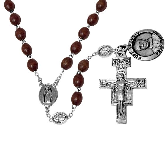 BROWN BEAD ROSARY WITH POPE FRANCIS MEDAL