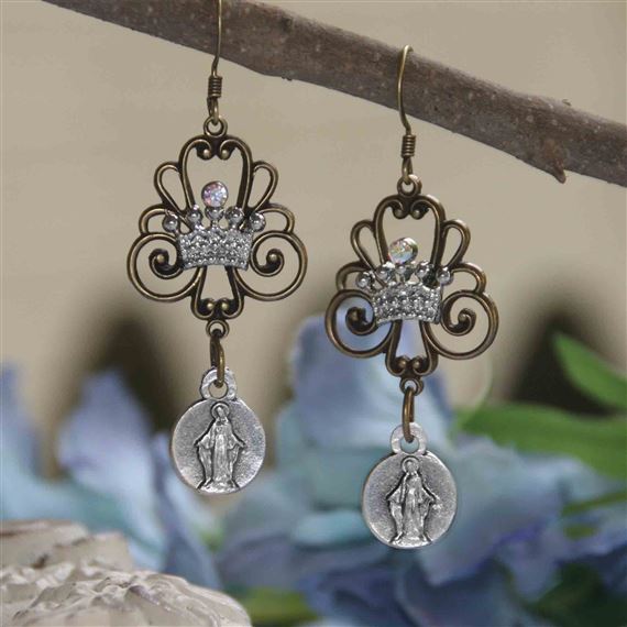 HAND CRAFTED OUR LADY OF THE MIRACULOUS MEDAL WITH CROWN - EARRINGS