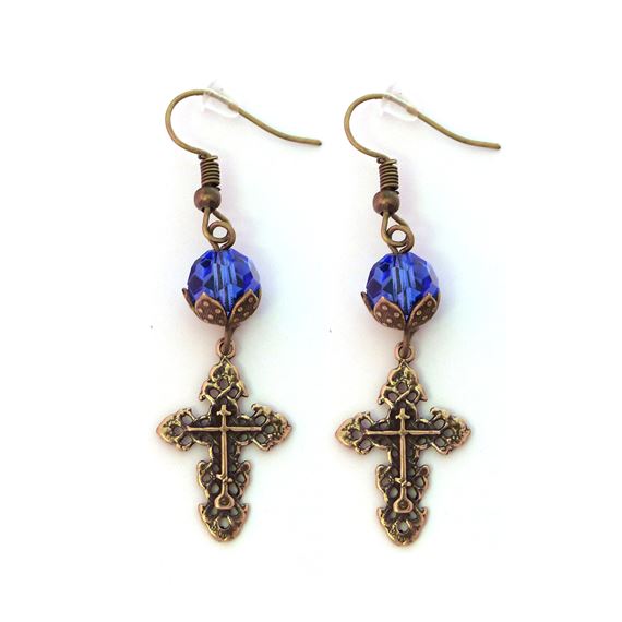 BRONZE FILIGREE CROSS WITH BLUE CRYSTALS EARRINGS