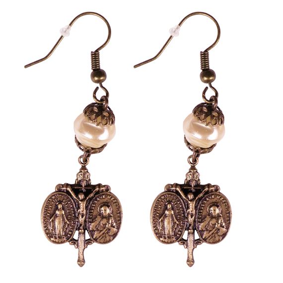 BRONZE CRUCIFIX, MIRACULOUS MEDAL AND SCAPULAR MEDAL EARRINGS