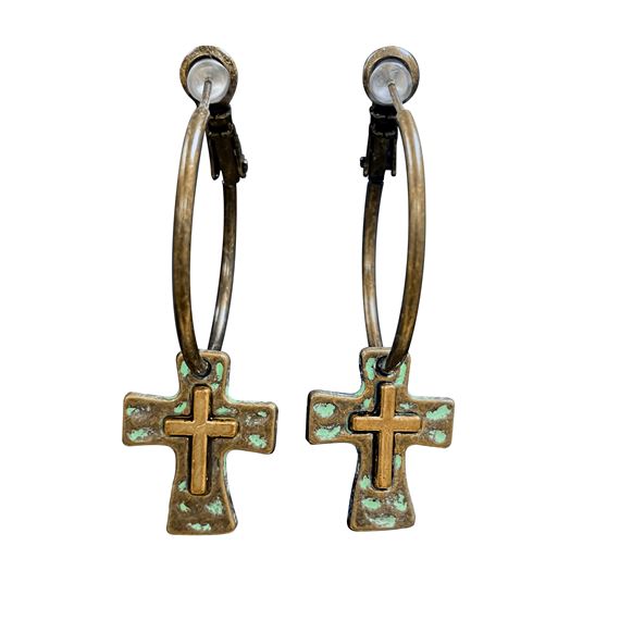 CROSS SHAPED PATINA HOOP EARRINGS