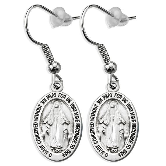 STERLING SILVER OVAL MIRACULOUS MEDAL EARRINGS