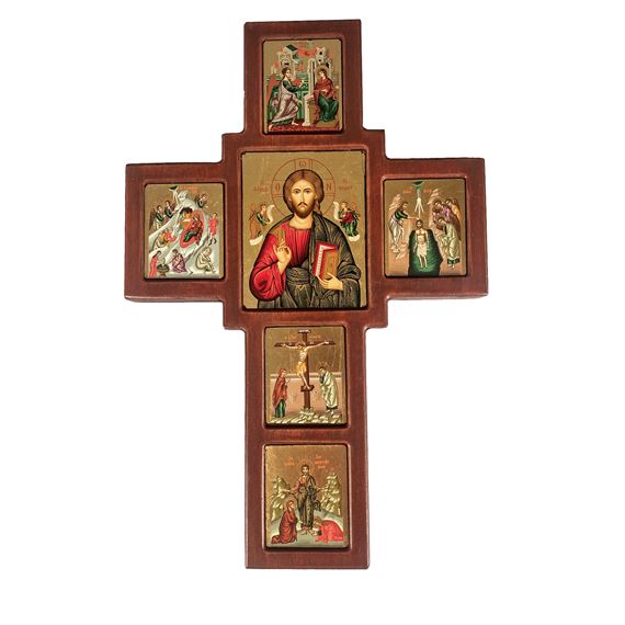 JESUS CHRIST PANTOCRATOR AND SCENES OF HIS LIFE ICON CROSS -  13 ½"