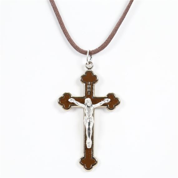 BROWN ENAMEL THREE LOBED CRUCIFIX