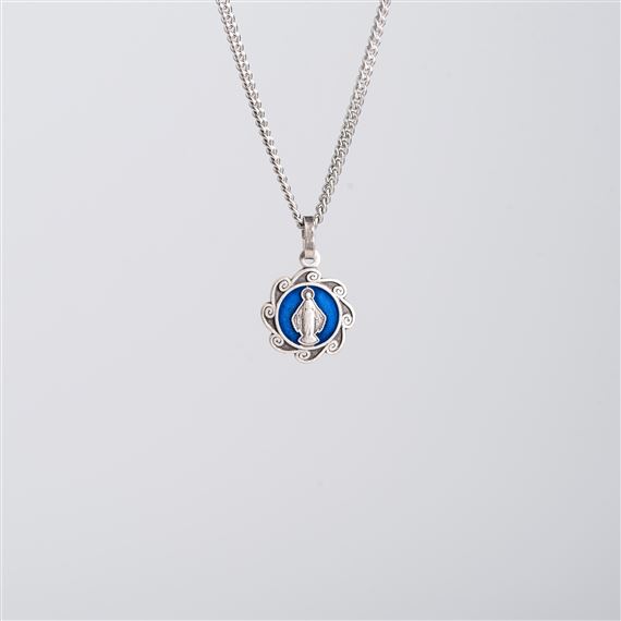 BLUE ENAMELED MIRACULOUS MEDAL NECKLACE WITH 18" CHAIN