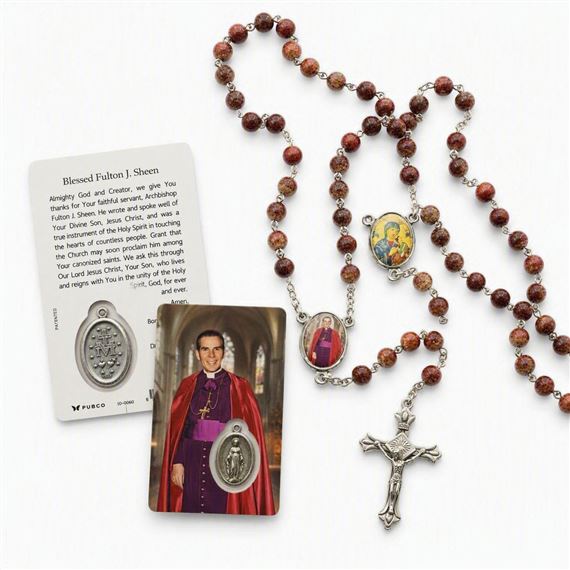 BLESSED ARCHBISHOP FULTON J. SHEEN GLASS BEAD ROSARY & HOLY CARD SET