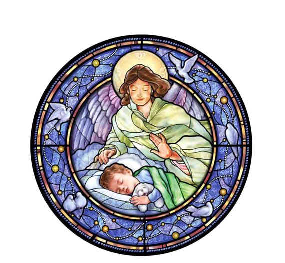 GUARDIAN ANGEL WITH LITTLE BOY STAINED GLASS