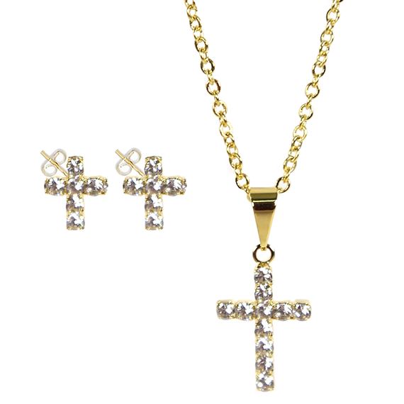 CROSS NECKLACE (20") AND EARRING SET - GOLD