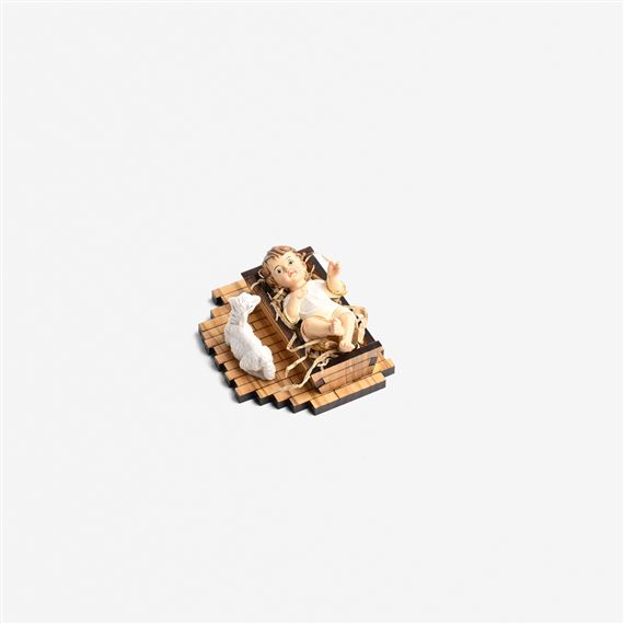 BABY JESUS IN OLIVE WOOD MANGER WITH LAMB ORNAMENT - 3"