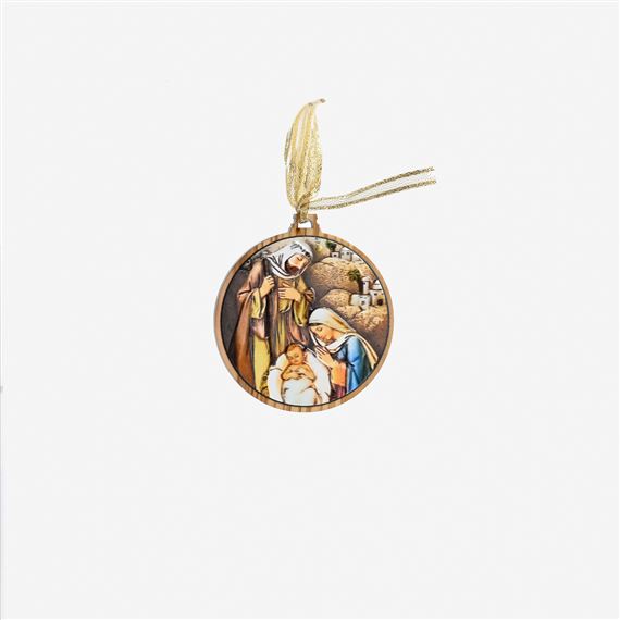 HOLY FAMILY LASER SCULPED AND PAINTED OLIVE WOOD ORNAMENT