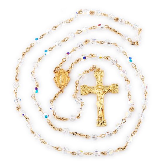 CRYSTAL BEAD ROSARY WITH AURORA BOREALIS AND MIRACULOUS MEDAL CENTER
