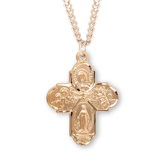 1.1&quot; Gold over Sterling Four Way Cross Medal with 24&quot; Chain