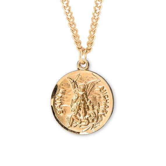 Round St. Michael Medal Gold over Sterling with Prayer on 24&quot; Chain