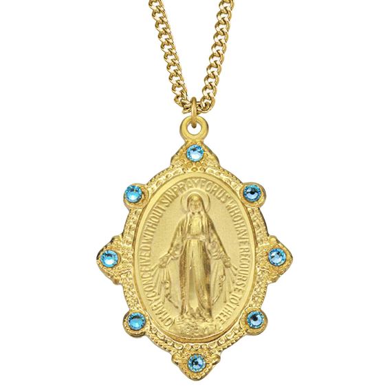Sterling Silver Oval Miraculous Medal Set with Light Sapphire Crystals