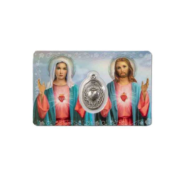 IMMACULATE HEART OF MARY & SACRED HEART OF JESUS HOLY CARD WITH MEDAL