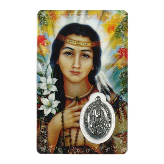 ST. KATERI TEKAKWITHA  HOLY CARD WITH MEDAL