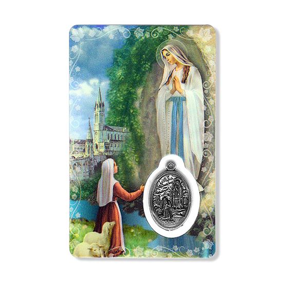 OUR LADY OF LOURDES HOLY CARD WITH MEDAL
