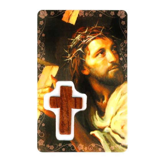 JESUS CRUCIFIED HOLY CARD WITH WOOD CROSS