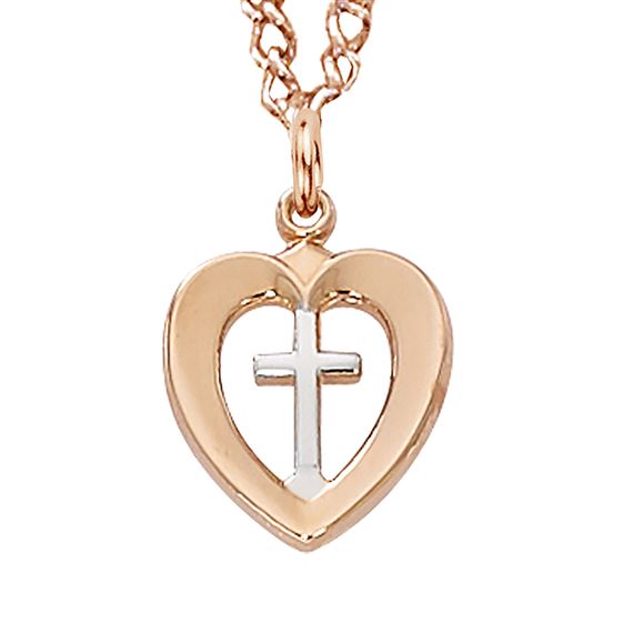 ROSE GOLD TWO-TONE CROSS IN HEART MEDAL