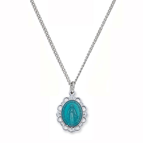 SCALLOPED MINI-MIRACULOUS MEDAL WITH BLUE ENAMEL