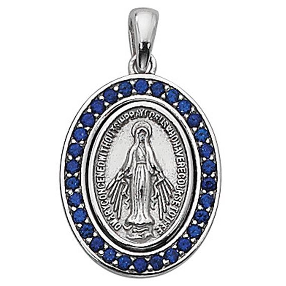 STERLING SILVER MIRACULOUS MEDAL WITH BLUE STONES
