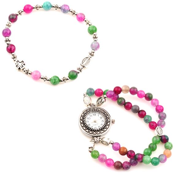 PINK & GREEN MARBLE ROSARY WATCH SET