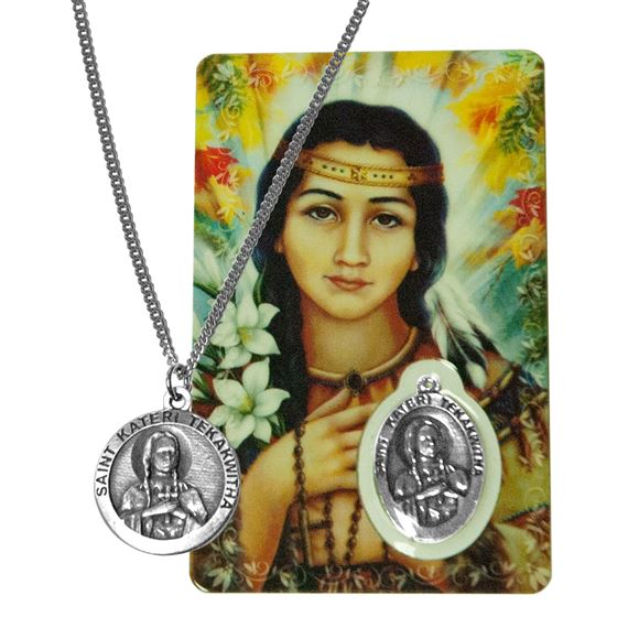 ST. KATERI PENDANT AND HOLY CARD WITH MEDAL