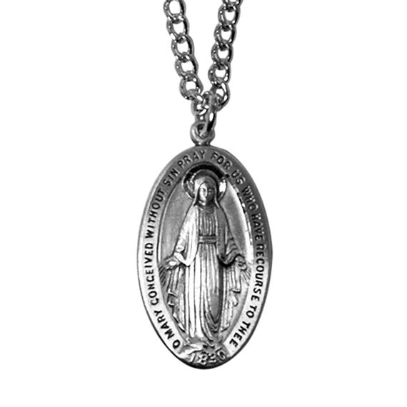 STERLING SILVER MIRACULOUS MEDAL ON 24" RHODIUM CHAIN