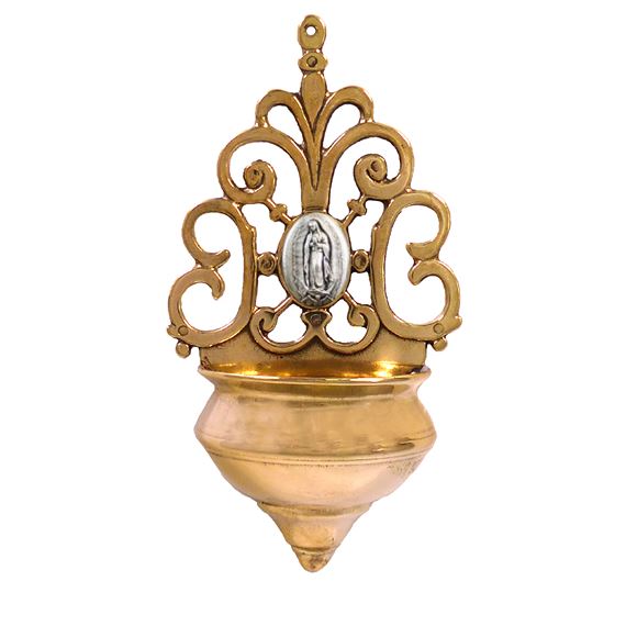 POLISHED BRASS HOLY WATER FONT - OUR LADY OF GUADALUPE