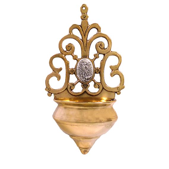 POLISHED BRASS HOLY WATER FONT - SAINT MICHAEL