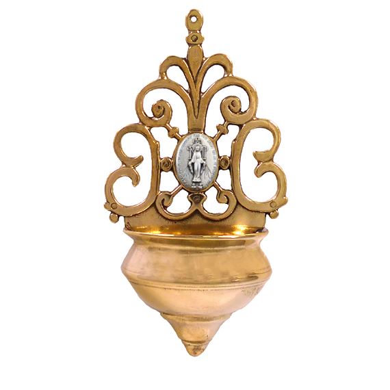 POLISHED BRASS HOLY WATER FONT - MIRACULOUS MEDAL