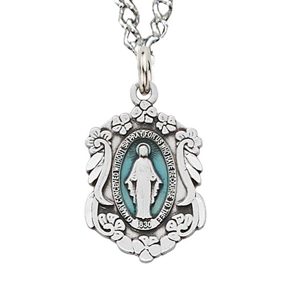 MIRACULOUS MEDAL WITH BLUE ENAMEL AND FLOWERS