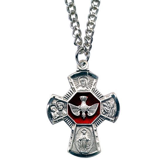 4-WAY HOLY SPIRIT MEDAL STERLING WITH RED ENAMEL
