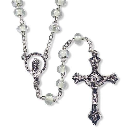 GLASS BEAD GLOW-IN-THE-DARK ROSARY WITH HOLY CARD FEATURING OUR LADY OF FATIMA